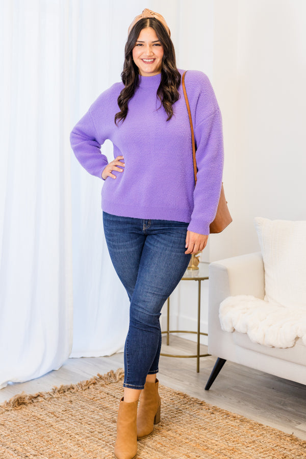 Chic Soul plus size clothing, soft knit long-sleeve solid lavender purple sweater with mock-neckline