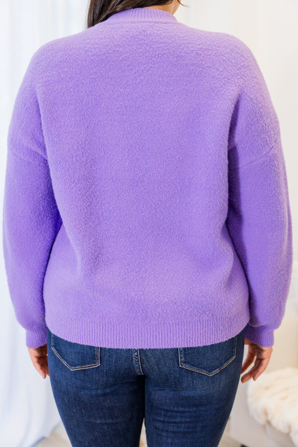 Chic Soul plus size clothing, soft knit long-sleeve solid lavender purple sweater with mock-neckline