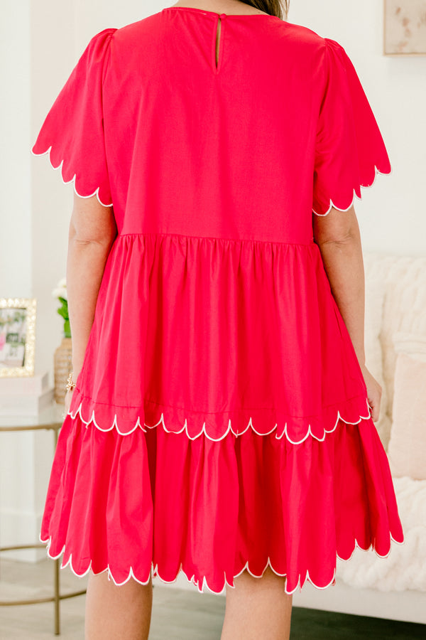 Chic Soul plus size clothing, pink tiered layered dress with scalloped white details on the two tiers and the short sleeves 