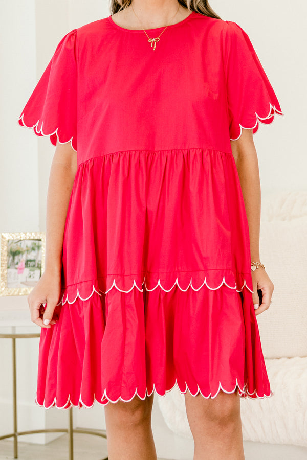 Chic Soul plus size clothing, pink tiered layered dress with scalloped white details on the two tiers and the short sleeves 