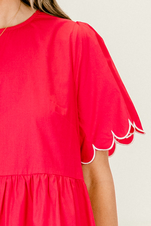 Chic Soul plus size clothing, pink tiered layered dress with scalloped white details on the two tiers and the short sleeves 