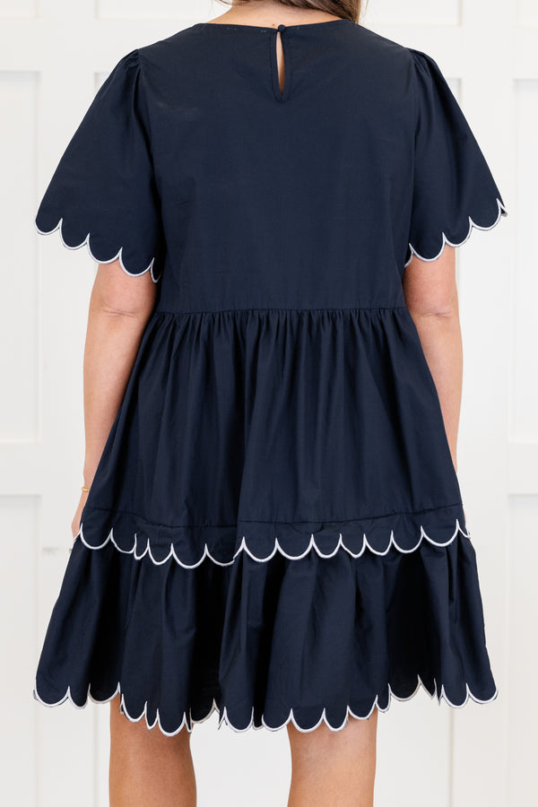 Chic Soul plus size clothing, short sleeve scallop trim tiered navy short dress