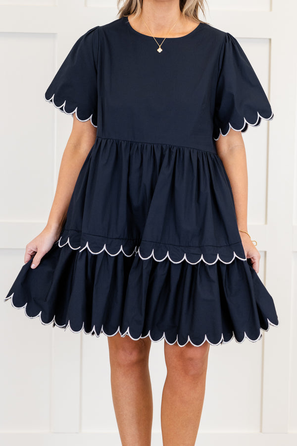 Chic Soul plus size clothing, short sleeve scallop trim tiered navy short dress