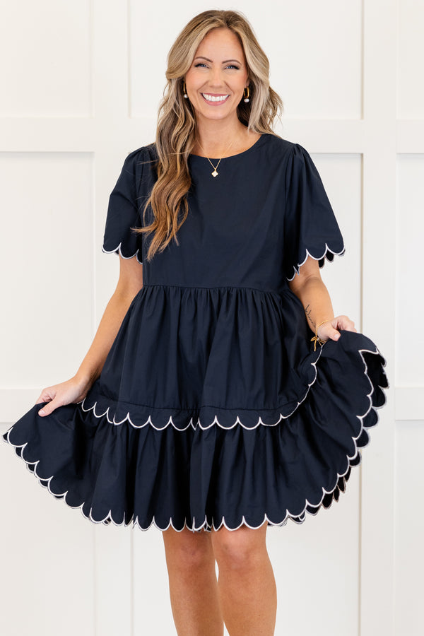 Chic Soul plus size clothing, short sleeve scallop trim tiered navy short dress