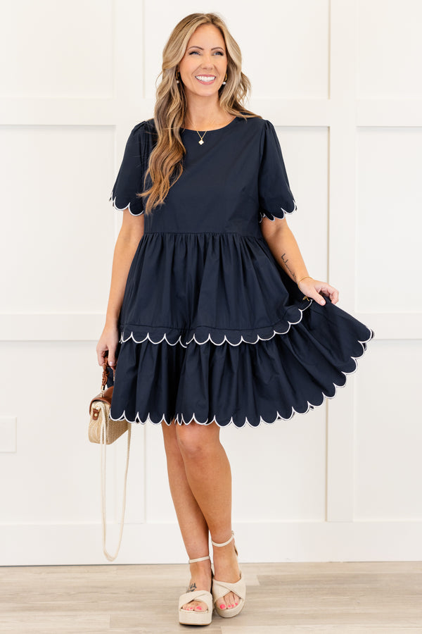 Chic Soul plus size clothing, short sleeve scallop trim tiered navy short dress