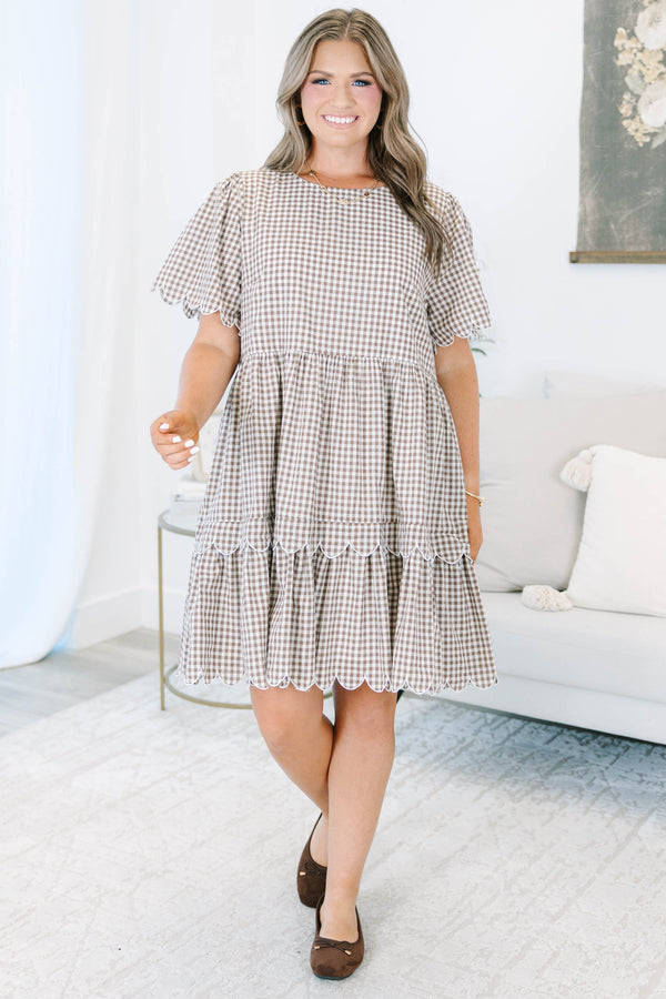 Plus size clothing, brown gingham babydoll dress with scallop detail on sleeves and hem line