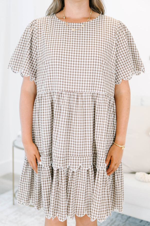Plus size clothing, brown gingham babydoll dress with scallop detail on sleeves and hem line
