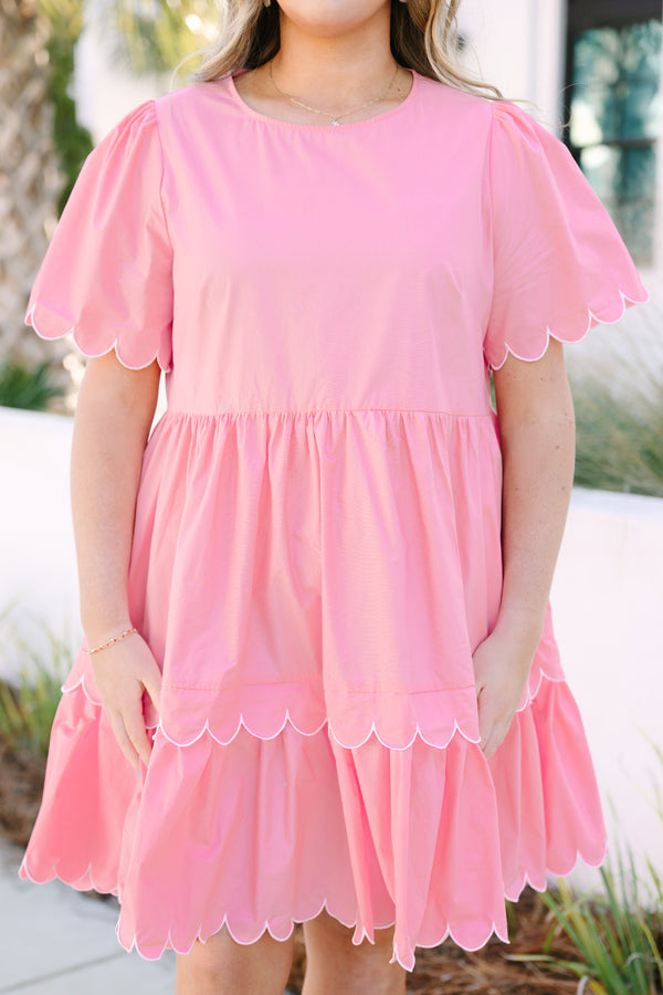 Chic Soul plus size clothing, bubblegum knee length dress with two tiers that have a a white scalloped detail at the bottom of each tier and as also along the bottom of each sleeve 
