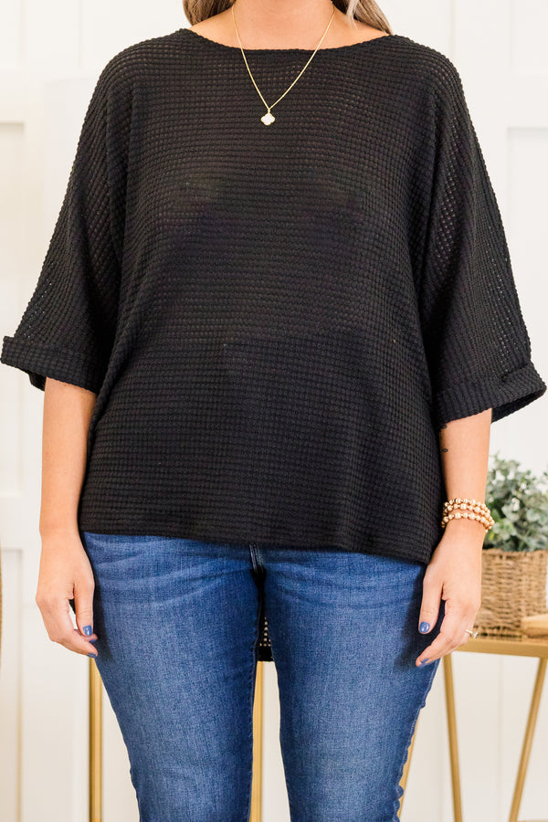 Chic Soul plus size clothing, short-sleeve waffle-knit black top with high-scoop-neckline