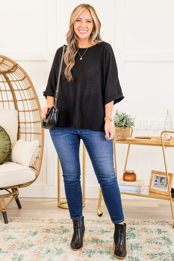 Chic Soul plus size clothing, short-sleeve waffle-knit black top with high-scoop-neckline