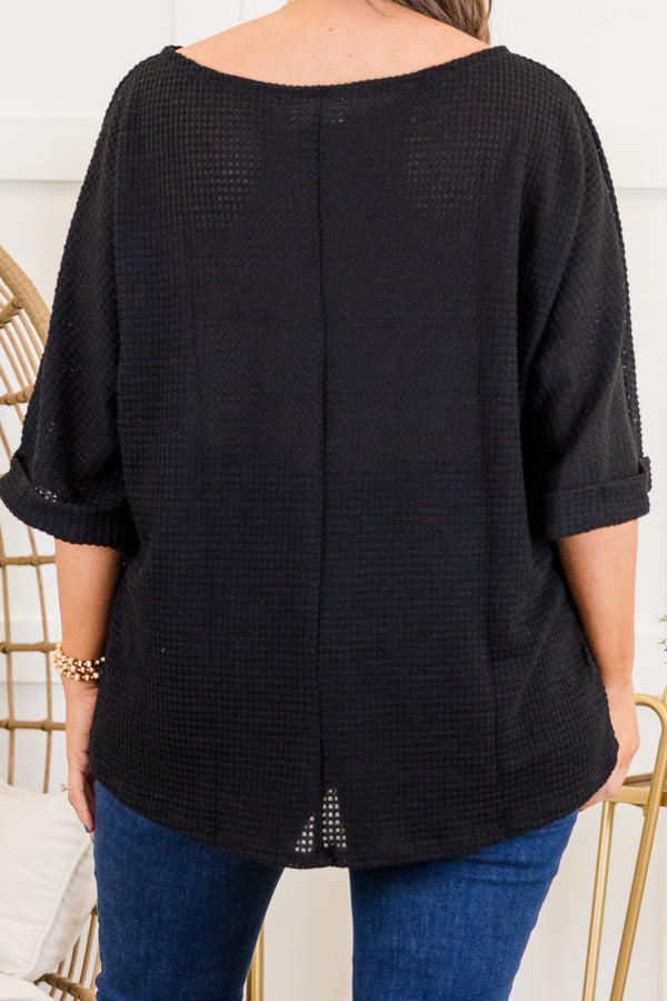 Chic Soul plus size clothing, short-sleeve waffle-knit black top with high-scoop-neckline