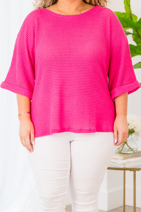 Chic Soul plus size clothing, short sleeve waffle knit hot pink top with cuffed sleeves
