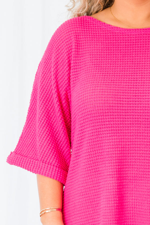 Chic Soul plus size clothing, short sleeve waffle knit hot pink top with cuffed sleeves
