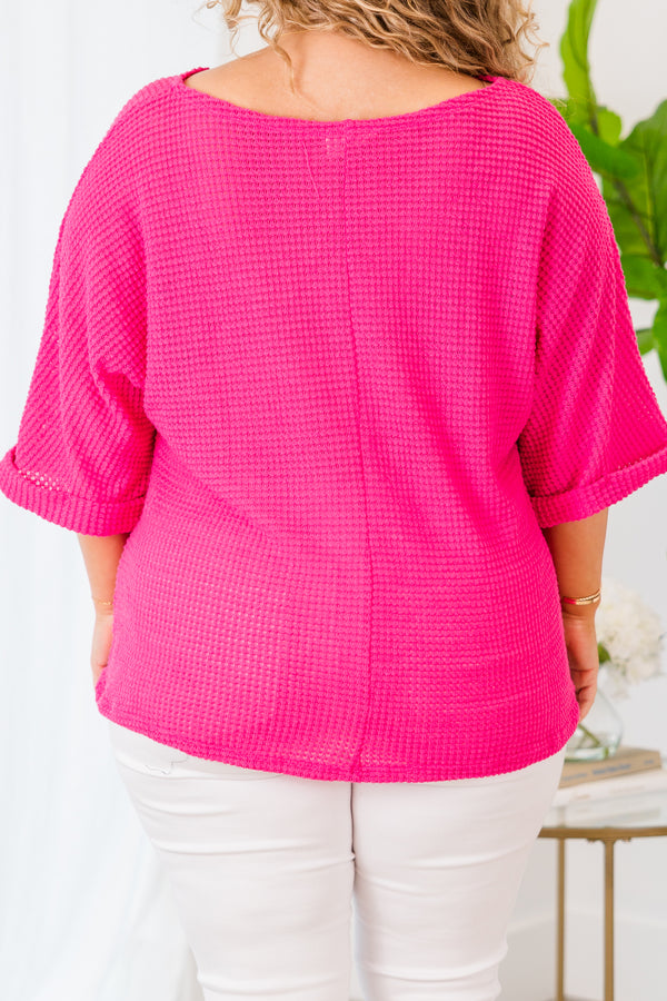 Chic Soul plus size clothing, short sleeve waffle knit hot pink top with cuffed sleeves