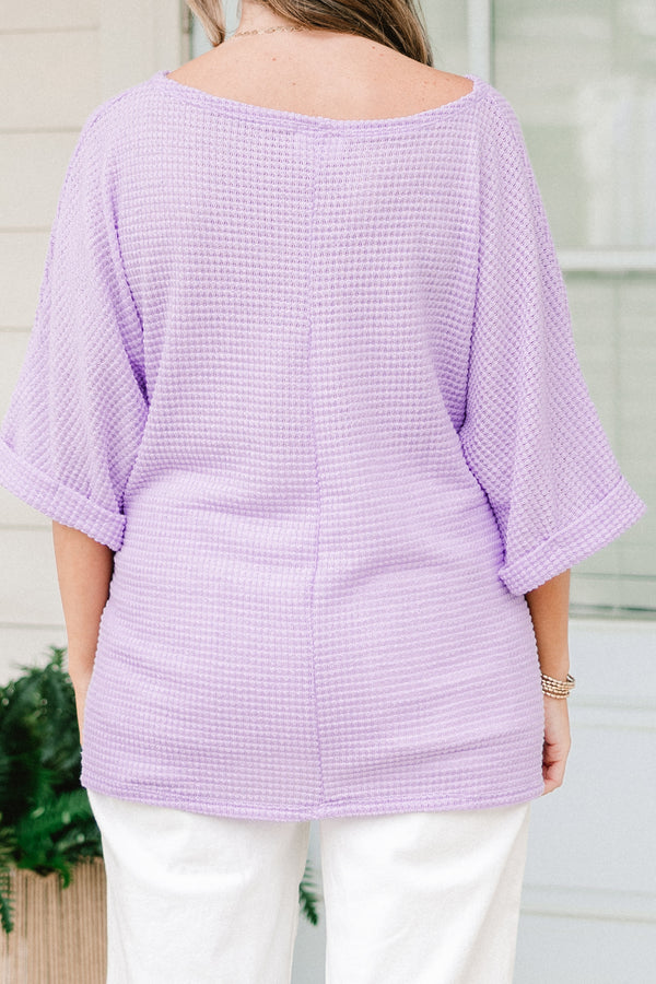 Chic Soul plus size clothing, short-sleeve cuffed lilac purple waffle-knit top with a high-scoop-neckline 