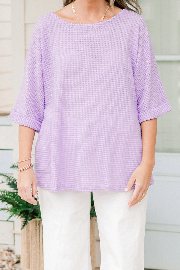 Chic Soul plus size clothing, short-sleeve cuffed lilac purple waffle-knit top with a high-scoop-neckline 
