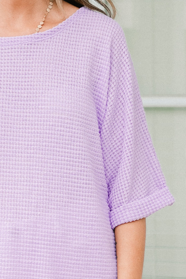 Chic Soul plus size clothing, short-sleeve cuffed lilac purple waffle-knit top with a high-scoop-neckline 