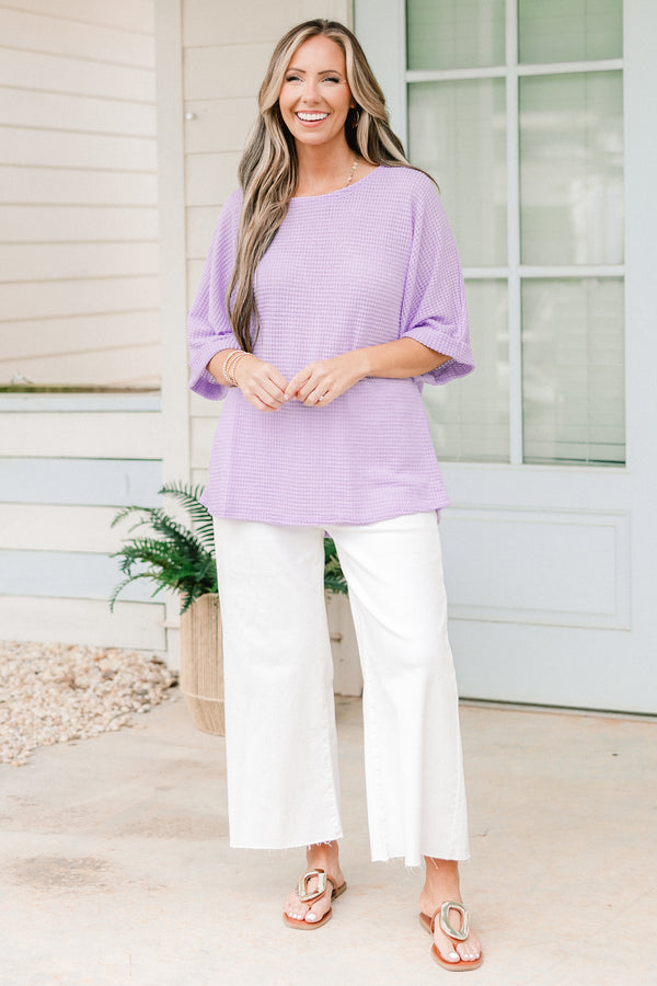 Chic Soul plus size clothing, short-sleeve cuffed lilac purple waffle-knit top with a high-scoop-neckline 
