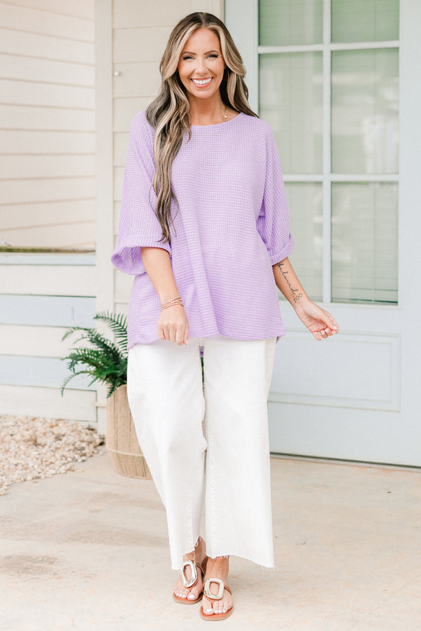 Chic Soul plus size clothing, short-sleeve cuffed lilac purple waffle-knit top with a high-scoop-neckline 