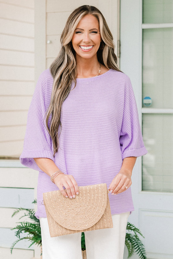 Chic Soul plus size clothing, short-sleeve cuffed lilac purple waffle-knit top with a high-scoop-neckline 