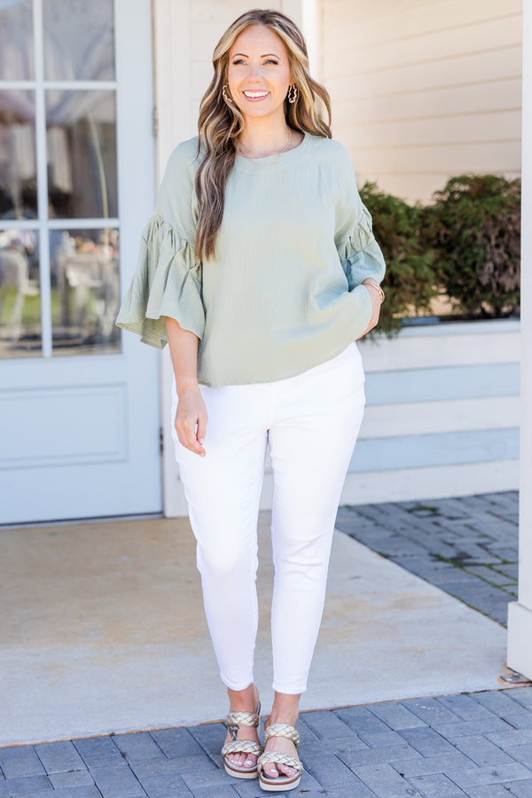 Chic Soul plus size clothing, short sleeve sage top with uniquely ruffled sleeves
