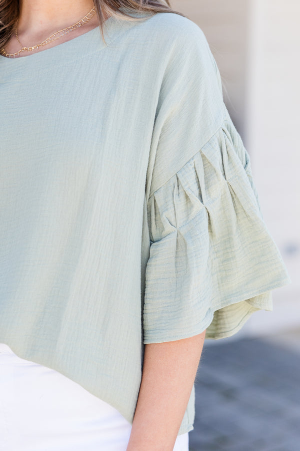 Chic Soul plus size clothing, short sleeve sage top with uniquely ruffled sleeves
