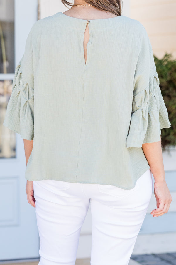 Chic Soul plus size clothing, short sleeve sage top with uniquely ruffled sleeves