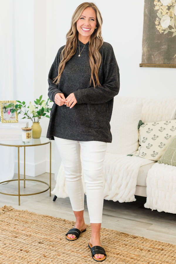 Plus Size black hooded brushed melange hacci sweater top with long sleeves and a relaxed fit.