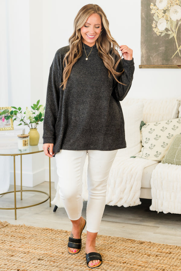 Plus Size black hooded brushed melange hacci sweater top with long sleeves and a relaxed fit.