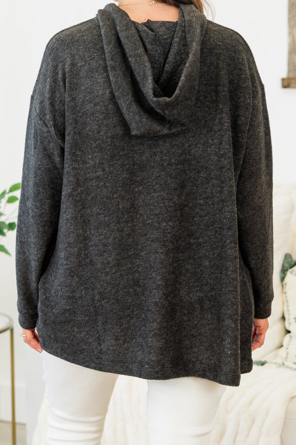 Plus Size black hooded brushed melange hacci sweater top with long sleeves and a relaxed fit.