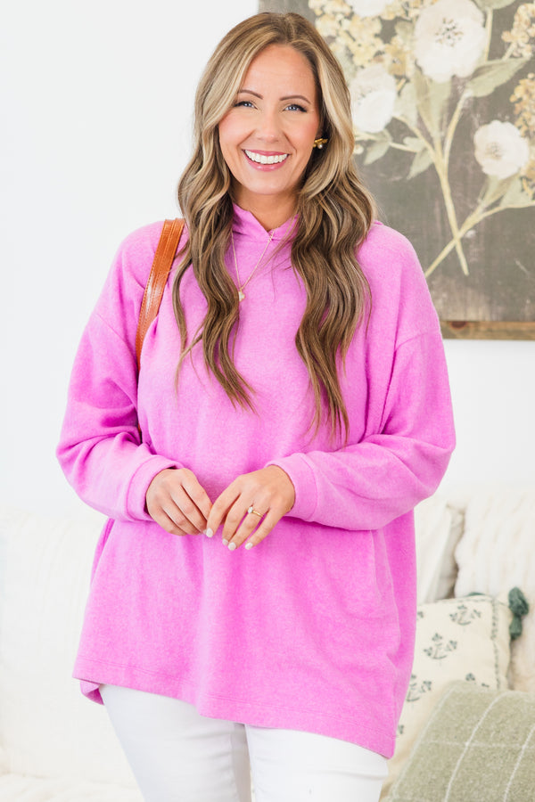 Chic Soul plus size clothing, bright mauve long sleeve soft pullover top with hoodies detail with cuff sleeves