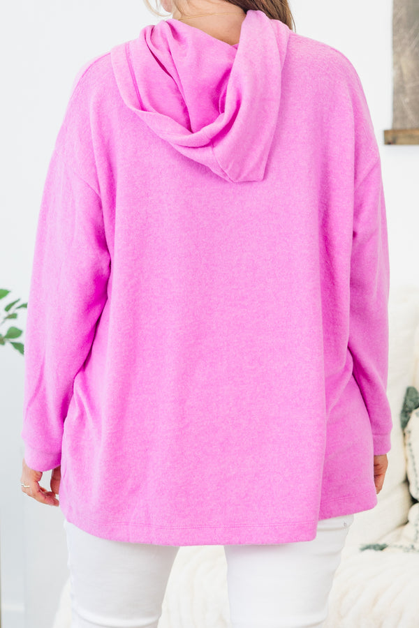 Chic Soul plus size clothing, bright mauve long sleeve soft pullover top with hoodies detail with cuff sleeves