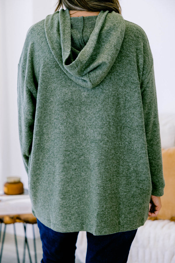 Chic Soul plus size clothing, solid dark olive long sleeve hoodie pullover top