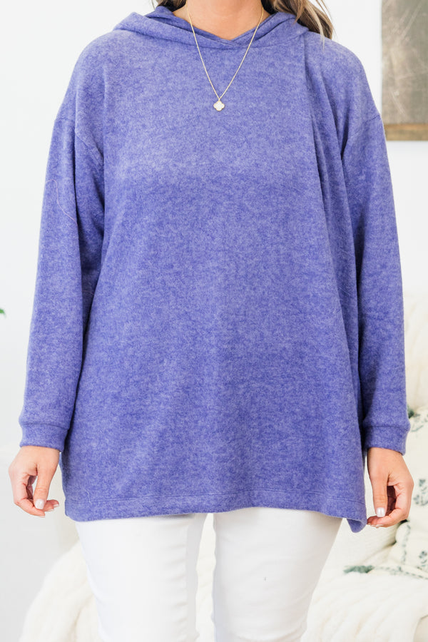 Chic Soul plus size clothing, marlin purple long sleeve soft top with cuff sleeves and hooded detail 