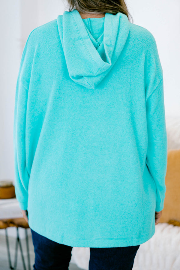 Chic Soul plus size clothing, Turquoise long sleeve sweater with a hoodie