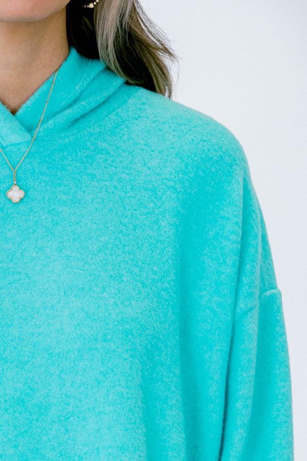 Chic Soul plus size clothing, Turquoise long sleeve sweater with a hoodie