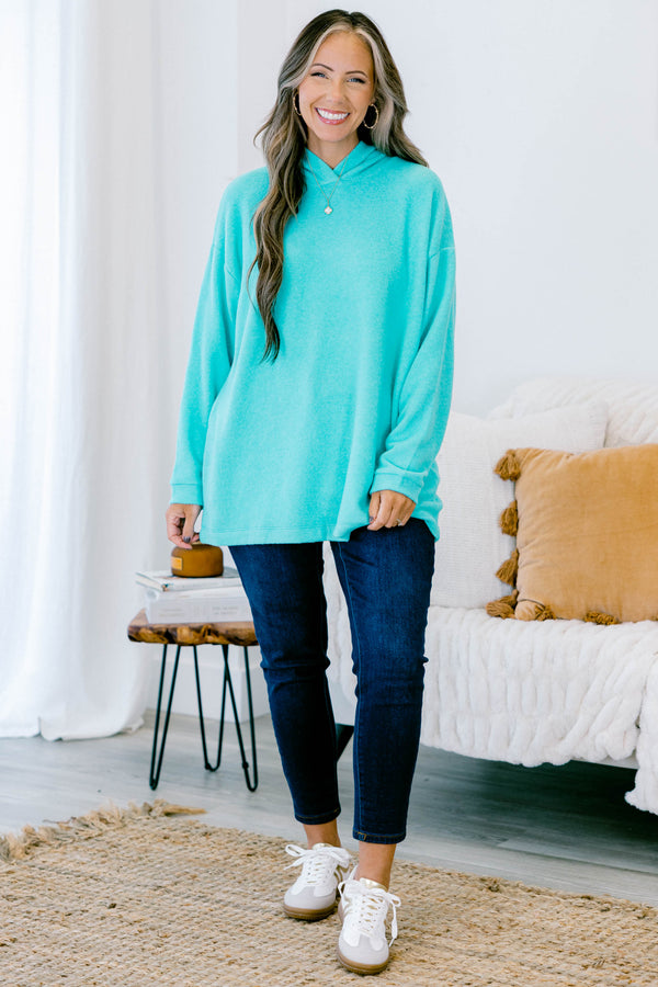 Chic Soul plus size clothing, Turquoise long sleeve sweater with a hoodie