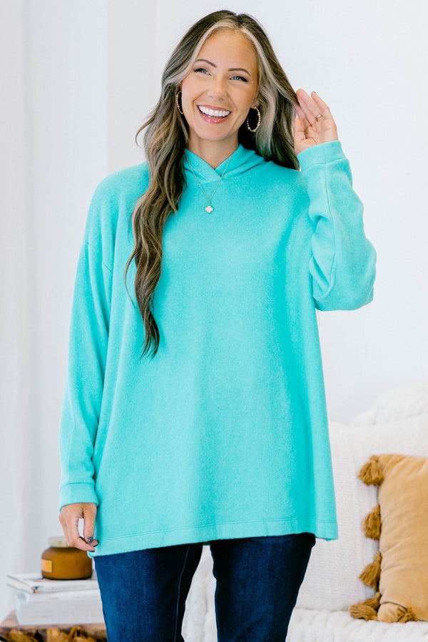 Chic Soul plus size clothing, Turquoise long sleeve sweater with a hoodie
