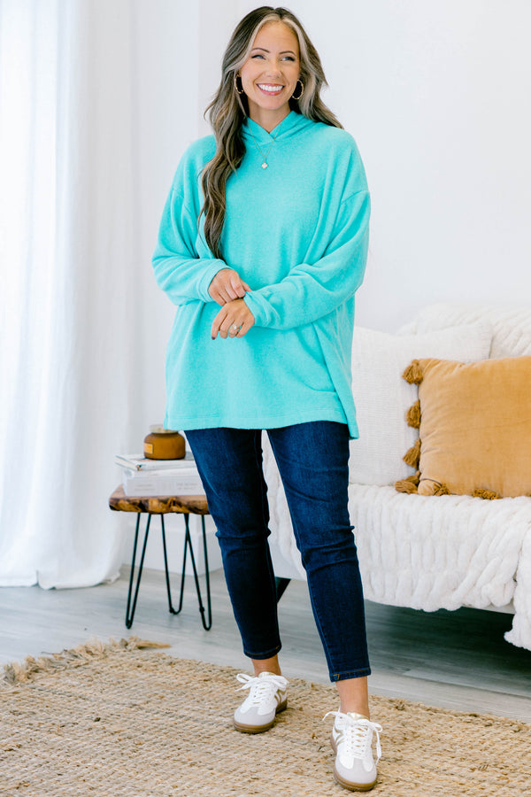 Chic Soul plus size clothing, Turquoise long sleeve sweater with a hoodie