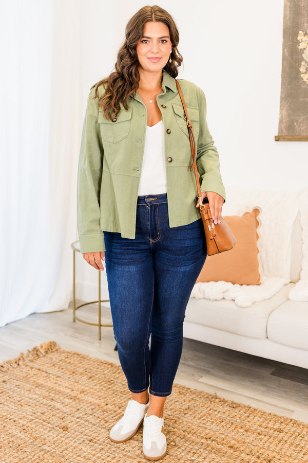 Chic Soul plus size clothing, olive green long sleeve shacket with brown buttons and pockets at the top