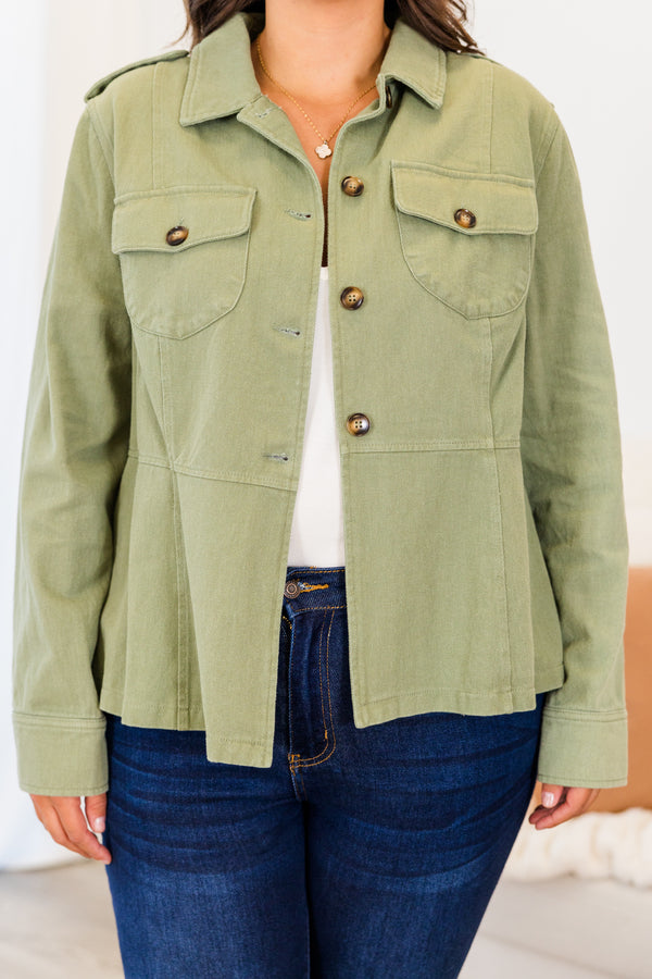 Chic Soul plus size clothing, olive green long sleeve shacket with brown buttons and pockets at the top
