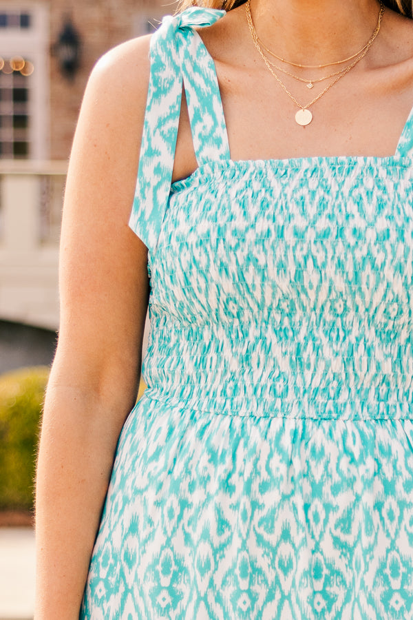 Chic Soul plus size clothing, aqua print maxi dress with smocked bodice and tie straps