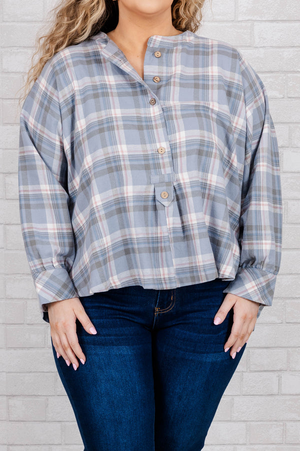 Chic Soul plus size clothing, blue grey plaid top with buttons and bubble sleeves