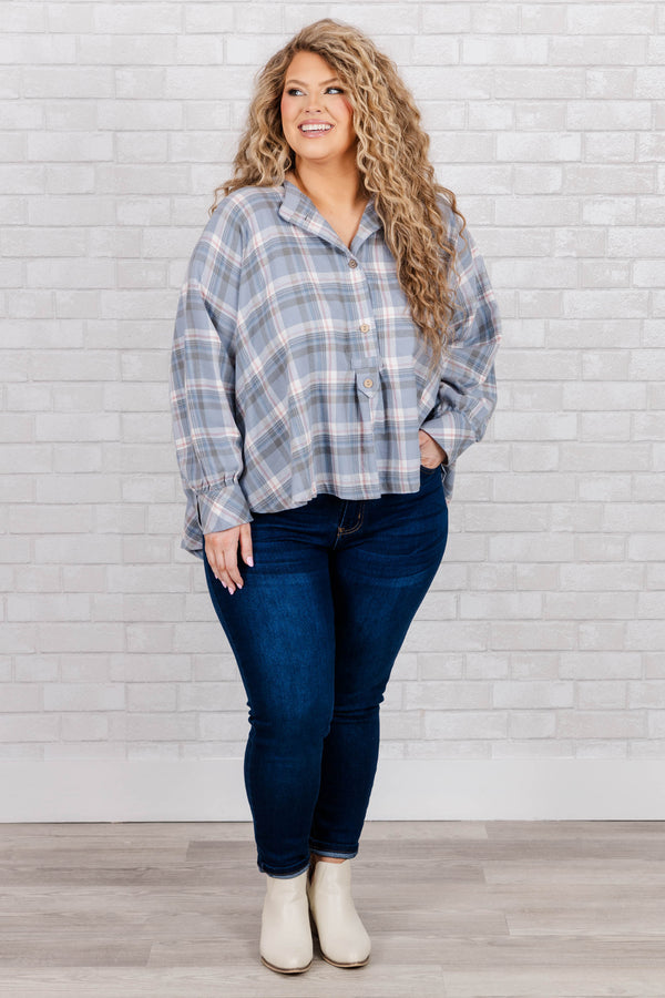 Chic Soul plus size clothing, blue grey plaid top with buttons and bubble sleeves