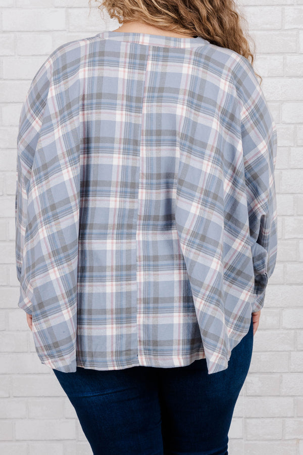 Chic Soul plus size clothing, blue grey plaid top with buttons and bubble sleeves