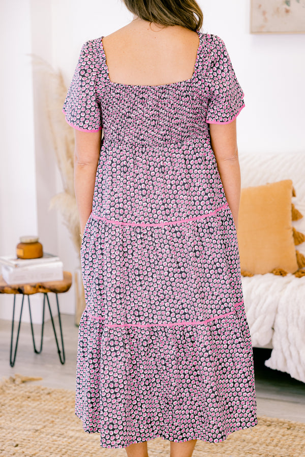 Chic Soul plus size clothing, short-sleeve black mix midi ruffled baby doll dress with pink piping and a subtle pink and black abstract pattern 