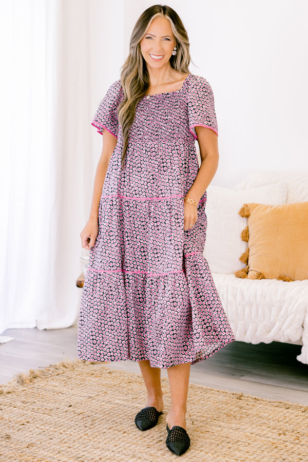 Chic Soul plus size clothing, short-sleeve black mix midi ruffled baby doll dress with pink piping and a subtle pink and black abstract pattern 