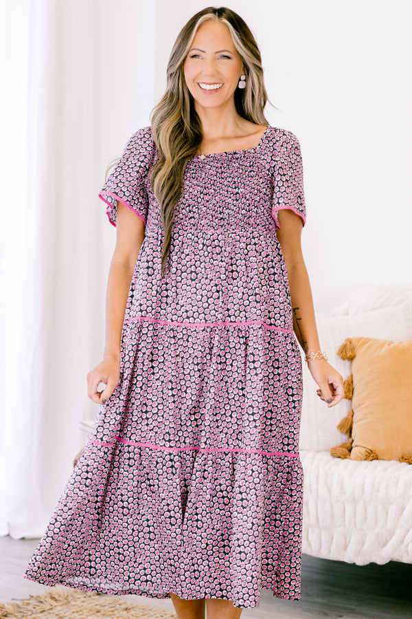 Chic Soul plus size clothing, short-sleeve black mix midi ruffled baby doll dress with pink piping and a subtle pink and black abstract pattern 