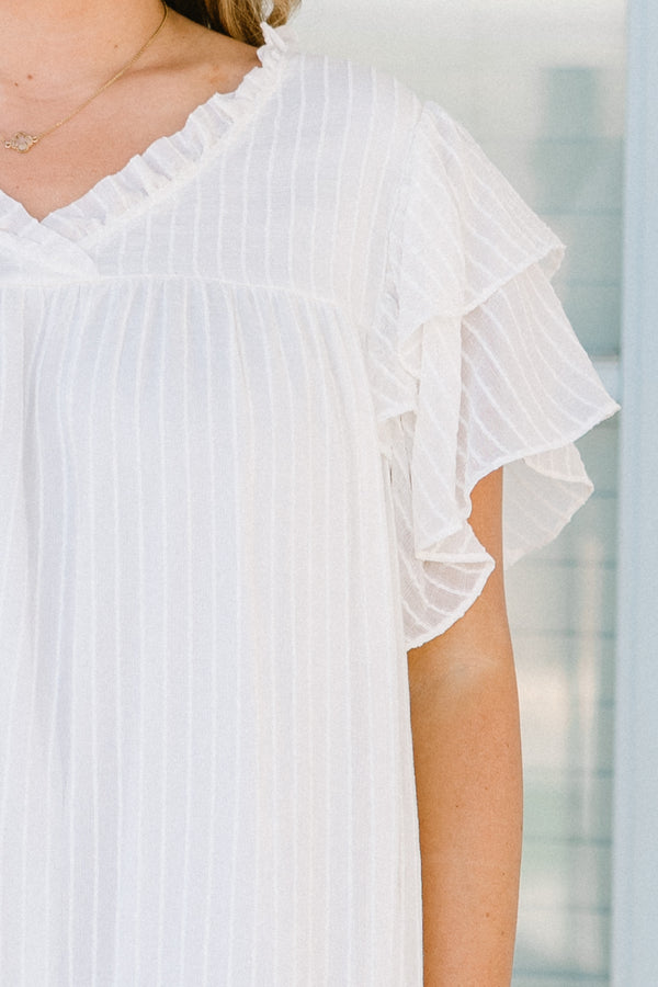 Chic Soul plus size clothing, white flowy dress with flowy ruffle sleeves and ruffle details on neckline