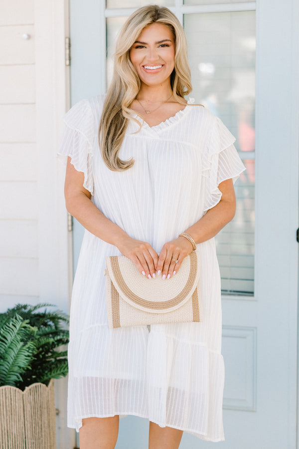 Chic Soul plus size clothing, white flowy dress with flowy ruffle sleeves and ruffle details on neckline